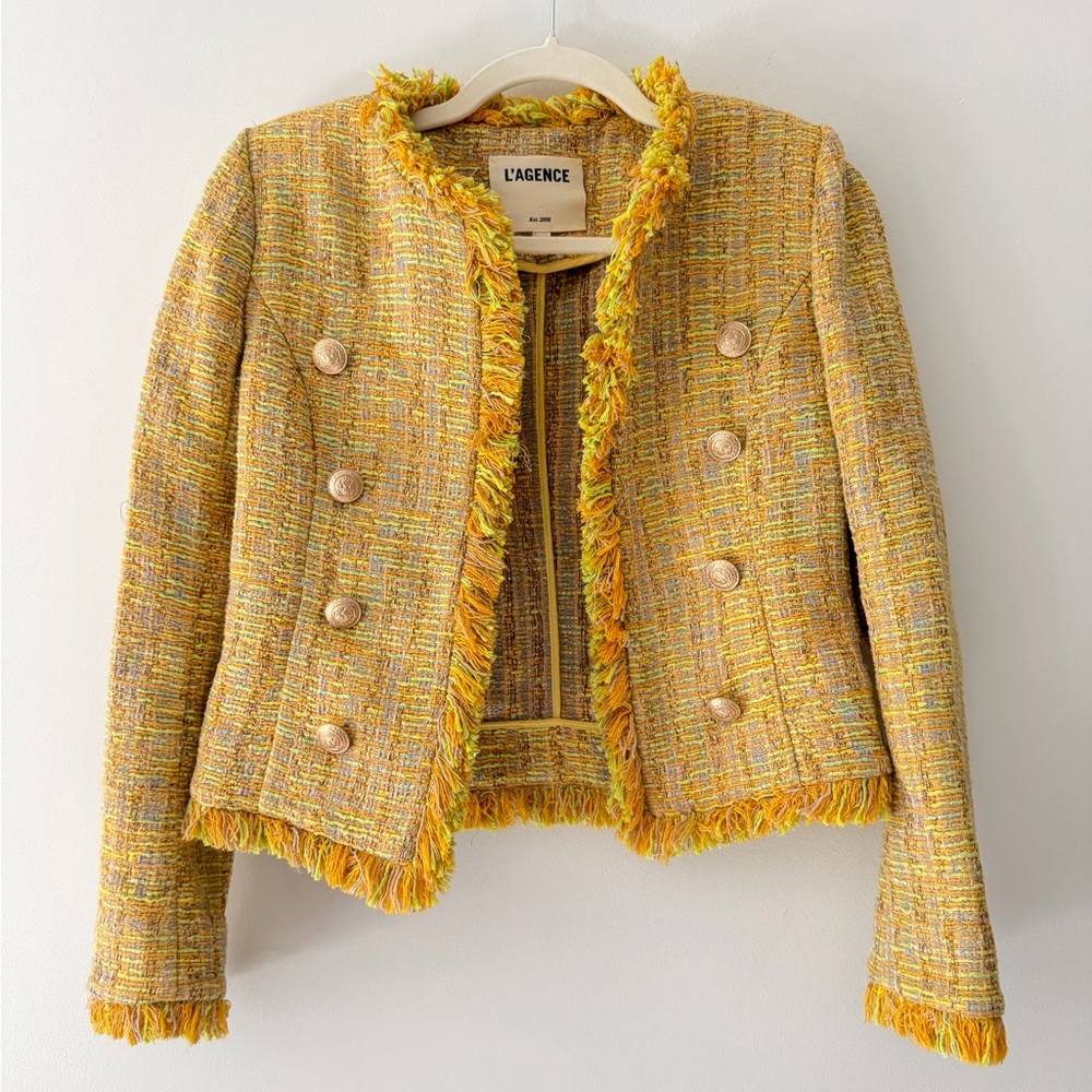 L’AGENCE Tinlee Blazer in Yellow Multi Tweed open front jacket Chanel-like, sz 0 - Picture 8 of 17